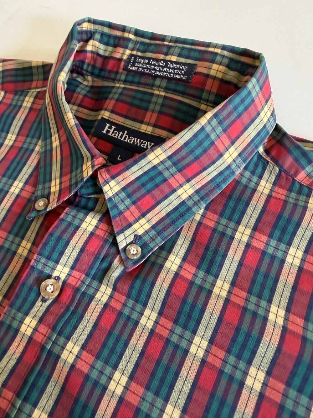 Hathaway Men’s Large Plaid Button-Down Shirt – Red Green Navy – Single Needle
